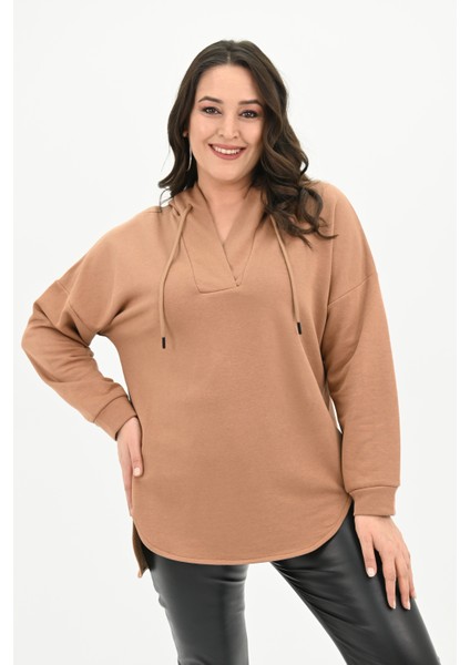 Kadın Büyük Beden Kapüşonlu Oversize Sweatshirt 1895-25