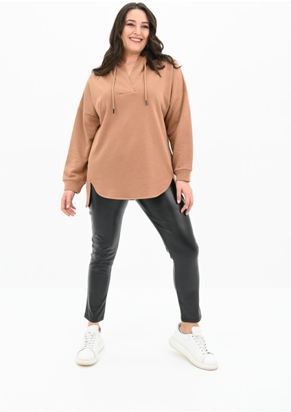 Kadın Büyük Beden Kapüşonlu Oversize Sweatshirt 1895-25