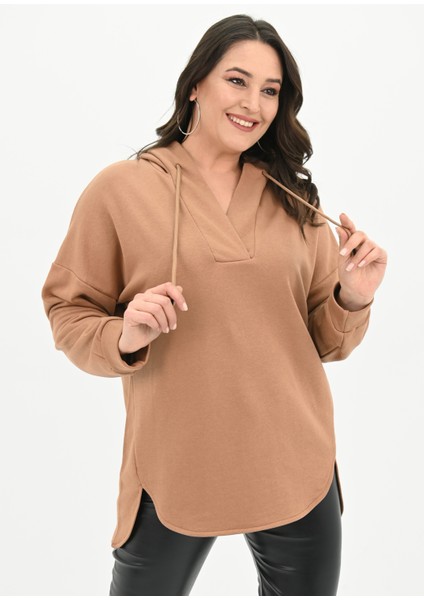 Kadın Büyük Beden Kapüşonlu Oversize Sweatshirt 1895-25