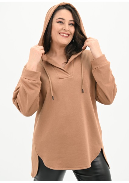 Kadın Büyük Beden Kapüşonlu Oversize Sweatshirt 1895-25