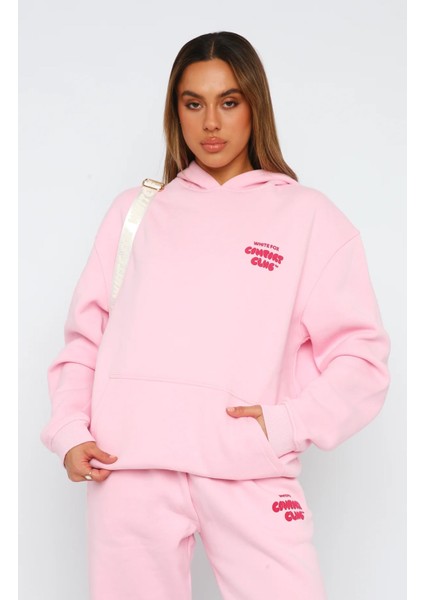 Pembe Unisex Comfort Club Yazılı Kapüşonlu Oversize Hoodie