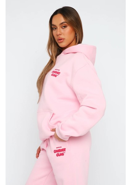 Pembe Unisex Comfort Club Yazılı Kapüşonlu Oversize Hoodie