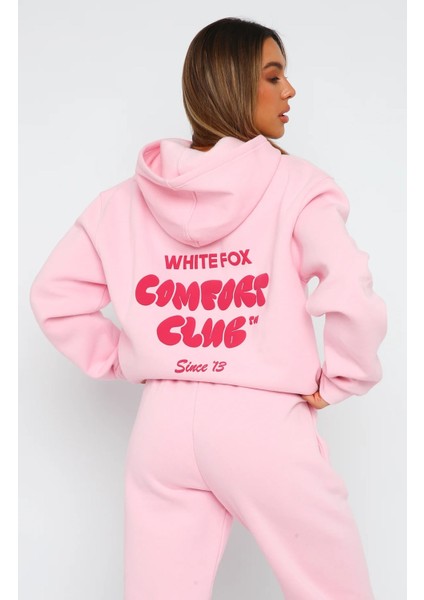 Pembe Unisex Comfort Club Yazılı Kapüşonlu Oversize Hoodie