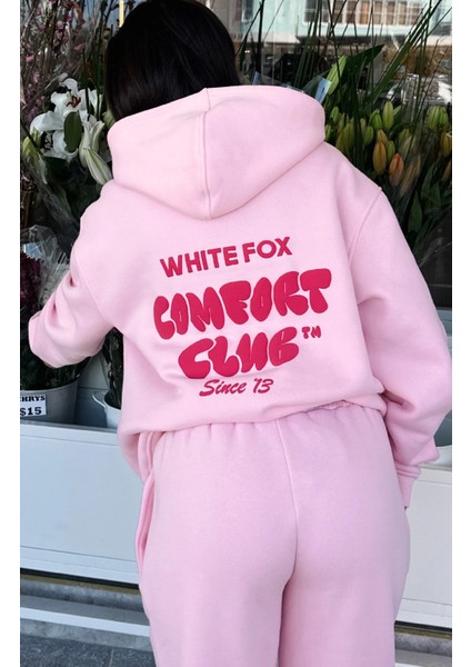 Pembe Unisex Comfort Club Yazılı Kapüşonlu Oversize Hoodie