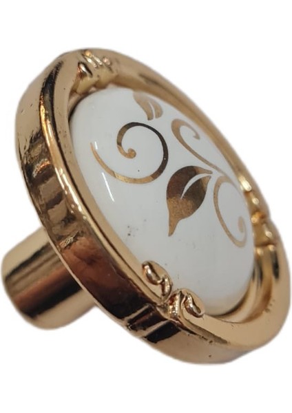Porselen Düğme Kulp Metal Gold Beyaz Desenli / 5 Adet