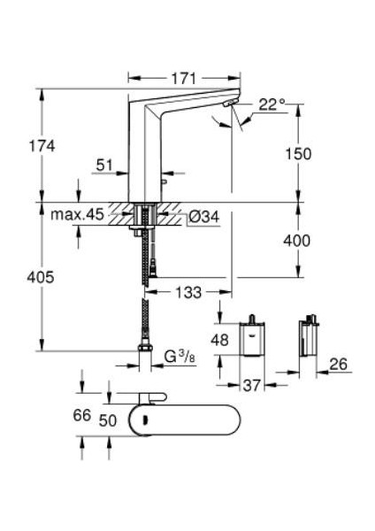 Eurosmart Cosmopolitan E Fotoselli Lavabo Bataryası - 1/2" - L-Boyut - Çift Su Girişli - Ayarlanabilir Sıcaklık Sınırlayıcısı - 36422001 fırsatları