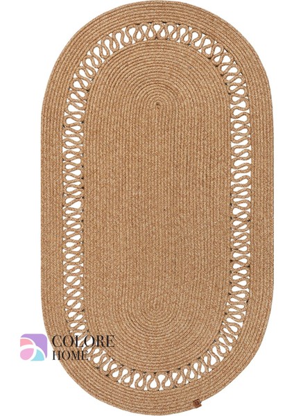 Bej Oval Hasır Jüt Kilim Bohem Oval Halı El Dokuması Paspas