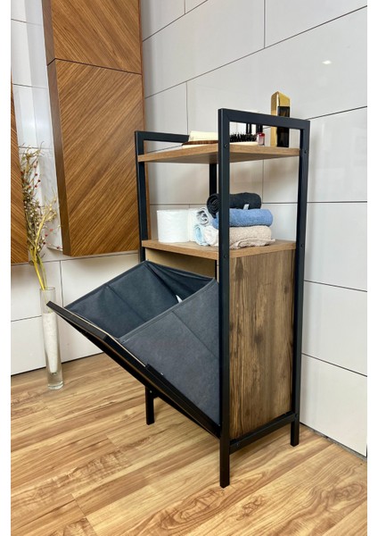 Metal Ahşap Çamaşır Sepeti Banyo Düzenleyici Kirli Sepeti 2 Katlı Banyo Rafı Tek Gözlü Modern Banyo Dolabı