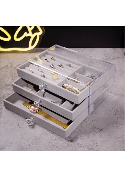Akrilik 3 Kadife Çekmeceli Takı Organizatörü,düzenleyici (13 x 23 cm ) Gri Süet