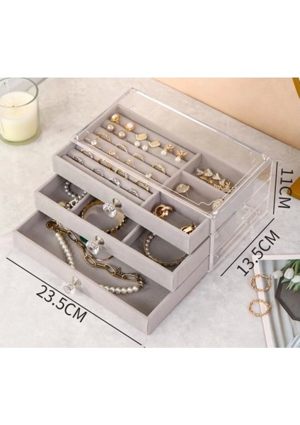 Akrilik 3 Kadife Çekmeceli Takı Organizatörü,düzenleyici (13 x 23 cm ) Gri Süet fiyatları
