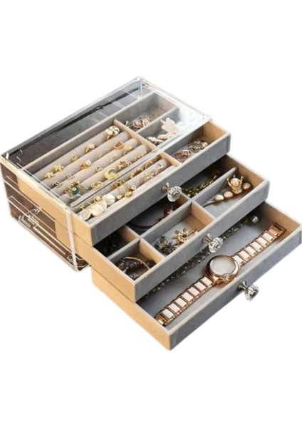 Akrilik 3 Kadife Çekmeceli Takı Organizatörü,düzenleyici (13 x 23 cm ) Gri Süet modelleri