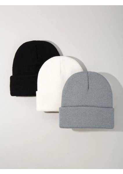 Unisex Katlamalı Siyah,beyaz,gri 3'lü Bere Seti