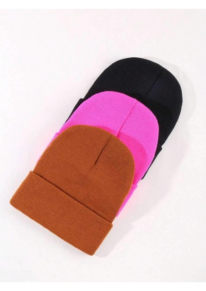 Unisex Katlamalı Siyah,fuşya,kiremit 3'lü Bere Seti fiyatları