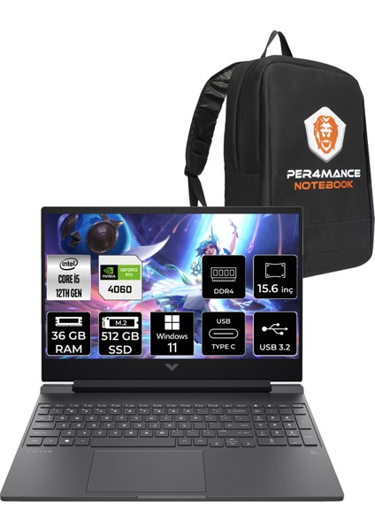 Victus 15 Intel Core I5 12500H 36GB 512GB SSD RTX4060/8GB 144Hz 15.6" Fhd W11H Taşınabilir Bilgisayar & Per4 Çanta B03C7EAPN382