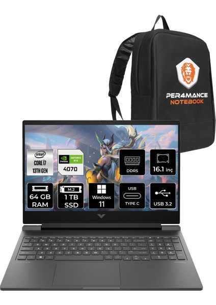 Victus 16 Intel Core I7 13700H 64GB 1tb SSD RTX4070/8GB 144Hz 16.1" Fhd W11H Taşınabilir Bilgisayar & Per4 Çanta 8V898EAPN373