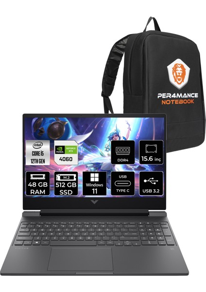 Victus 15 Intel Core I5 12500H 48GB 512GB SSD RTX4060/8GB 144Hz 15.6" Fhd W11H Taşınabilir Bilgisayar & Per4 Çanta B03C7EAPN392