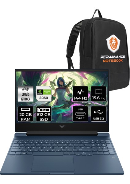 Victus 15 Intel Core I5 12450H 20GB 512GB SSD RTX3050/4GB 144Hz 15.6" Fhd Fdos Taşınabilir Bilgisayar & Per4 Çanta 80D32EAPN317