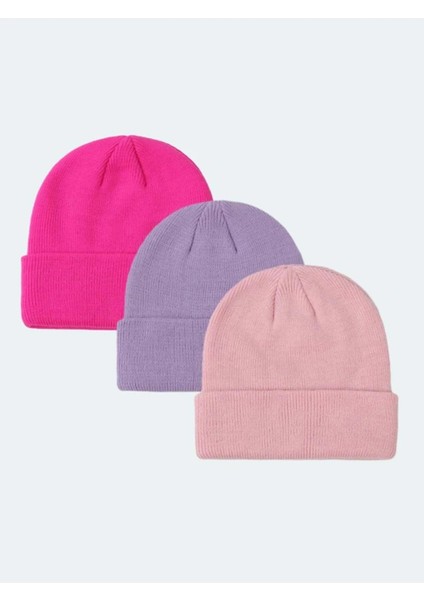 Unisex Katlamalı Fuşya,lila,pembe 3'lü Bere Seti