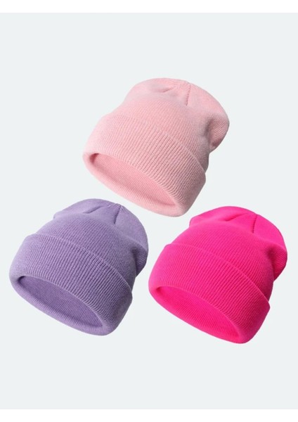 Unisex Katlamalı Fuşya,lila,pembe 3'lü Bere Seti fiyatları