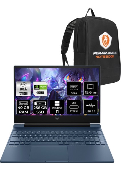 Hp Victus 15 Intel Core I5 13500H 40GB 256GB SSD RTX4050/6GB 144Hz 15.6" Fhd W11H Taşınabilir Bilgisayar & Per4 Çanta 7N9V2EAPN386