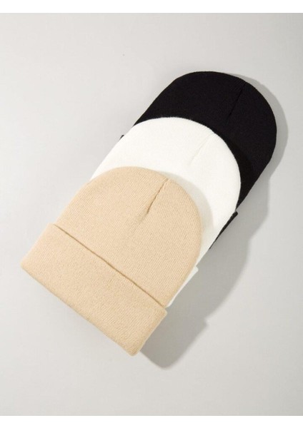 Unisex Katlamalı Siyah,beyaz,bej 3'lü Bere Seti modelleri