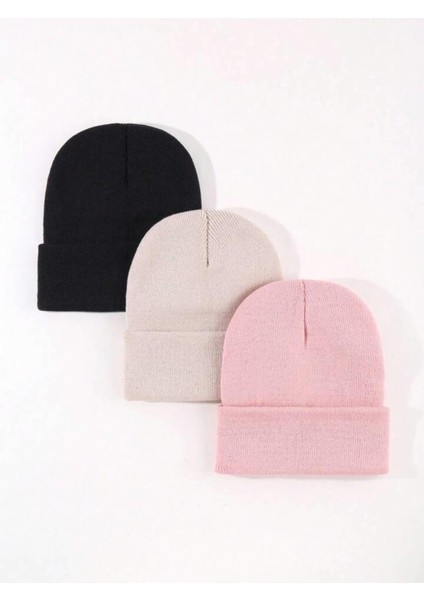 Unisex Katlamalı Siyah,taş,pembe 3'lü Bere Seti