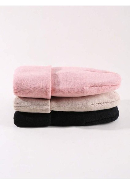 Unisex Katlamalı Siyah,taş,pembe 3'lü Bere Seti modelleri