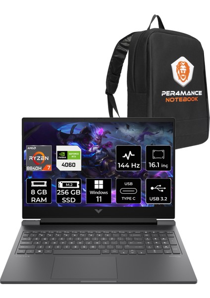 Victus 16 Amd Ryzen 7 8845HS 8gb 256GB SSD RTX4060/8GB 144Hz Fhd 16.1" Fhd W11P Taşınabilir Bilgisayar & Per4 Çanta 9Z790EAPN381