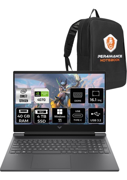 Victus 16 Intel Core I7 13700H 40GB 4tb SSD RTX4070/8GB 144Hz 16.1" Fhd W11P Taşınabilir Bilgisayar & Per4 Çanta 8V898EAPN405