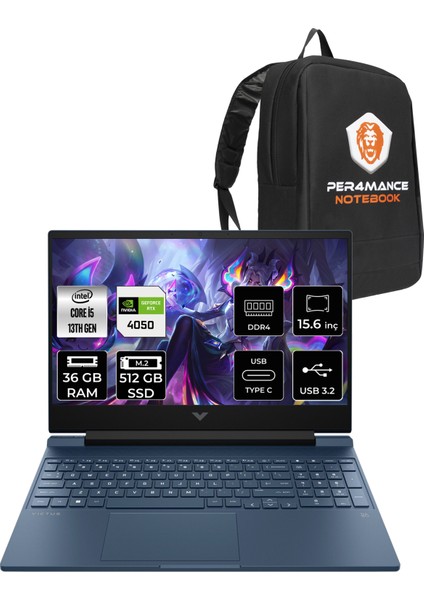 Hp Victus 15 Intel Core I5 13500H 36GB 512GB SSD RTX4050/6GB 144Hz 15.6" Fhd Fdos Taşınabilir Bilgisayar & Per4 Çanta 7N9V2EAPN332