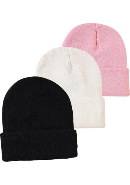 Unisex Katlamalı Siyah,Pembe,Beyaz 3'lü Bere Seti