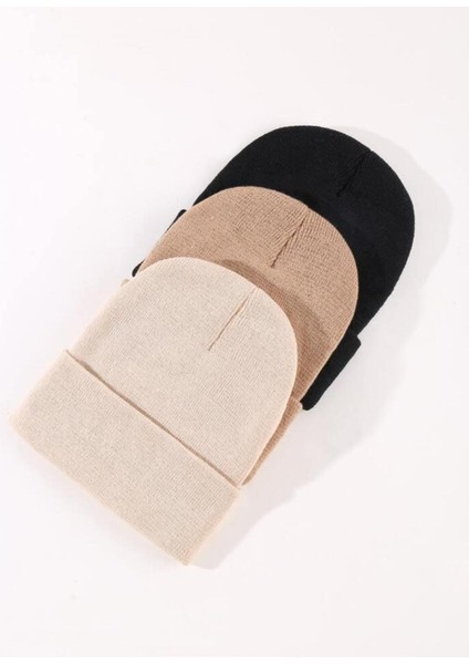 Unisex Katlamalı Siyah,açık Vizon,taş 3'lü Bere Seti fiyatları