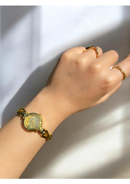 Kadın Ince Kordonlu Vintage Metal Kasa Gold Kol Saat 6