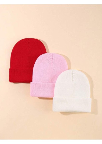 Unisex Katlamalı Kırmızı,Pembe,Beyaz 3'lü Bere Seti