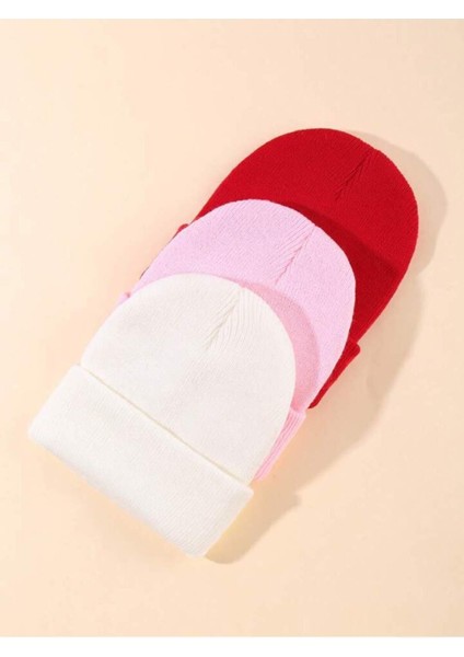 Unisex Katlamalı Kırmızı,Pembe,Beyaz 3'lü Bere Seti fiyatları