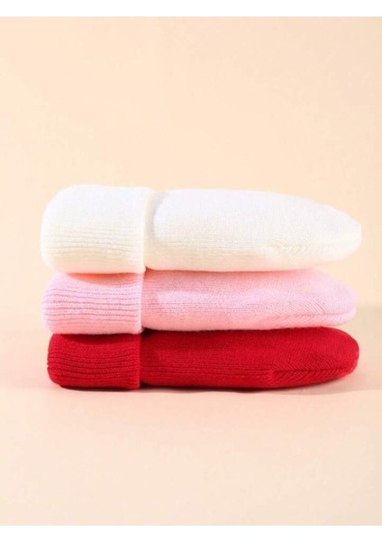Unisex Katlamalı Kırmızı,Pembe,Beyaz 3'lü Bere Seti modelleri