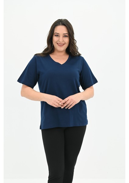 Kadın V Yaka Basic Büyük Beden T-Shirt 1297-22