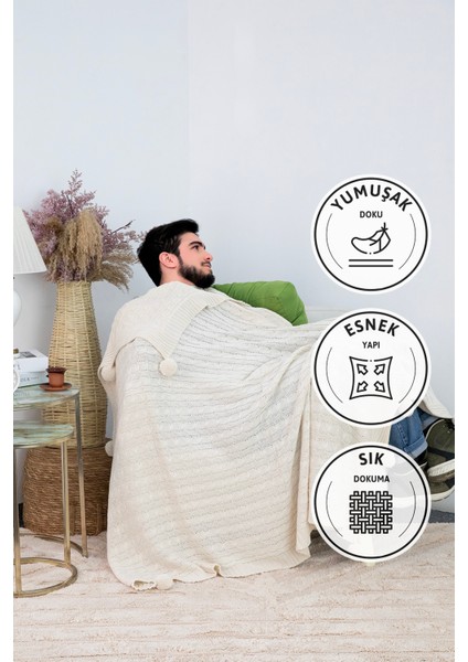 Biocotton Triko Ponponlu Örgü Tv Battaniyesi - Bej