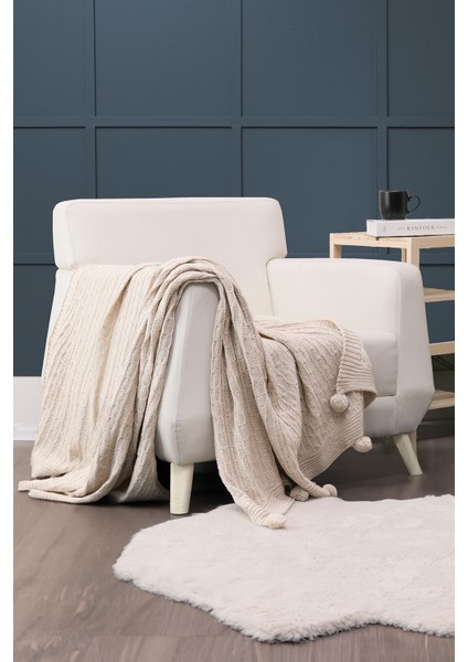 Biocotton Triko Ponponlu Örgü Tv Battaniyesi - Bej