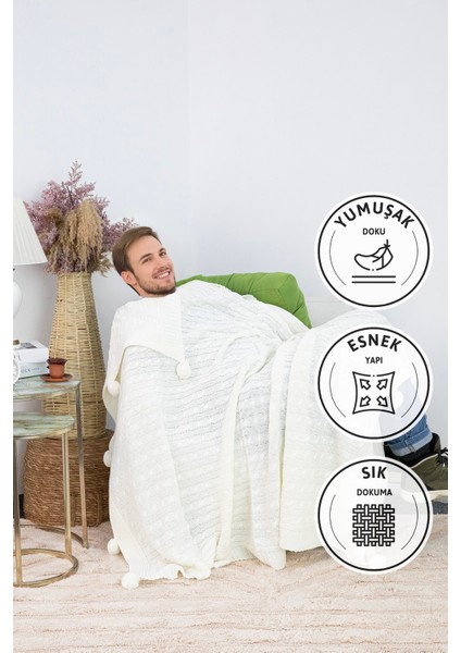 Biocotton Triko Ponponlu Örgü Tv Battaniyesi - Krem