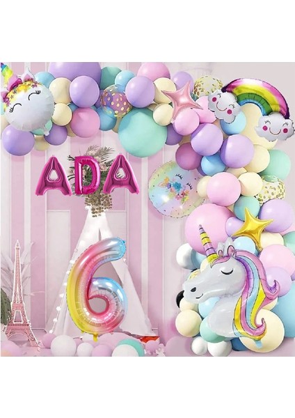3 Harfli Yaş Seçenekli Gökkuşağı Konseptli Unicorn Temalı Makaron Balon Doğum Günü Parti Kutlama Seti - 6 Yaş