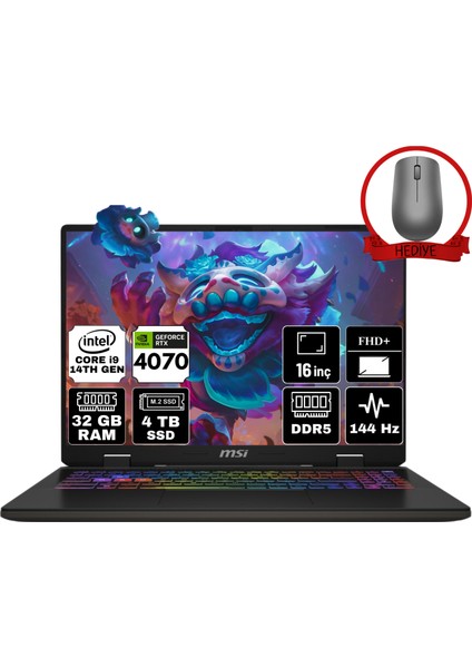 Msı Sword 16 Hx Intel Core I9 14900HX 32GB 4tb SSD RTX4070/8GB W11H 16" Fhd+ 144Hz Taşınabilir Bilgisayar B14VGKG-876XTR-A23 & Anzar Mouse