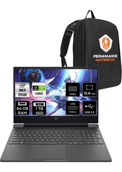 Victus 15 Intel Core I5 12500H 64GB 1tb SSD RTX4060/8GB 144Hz 15.6" Fhd Fdos Taşınabilir Bilgisayar & Per4 Çanta B03C7EAPN348