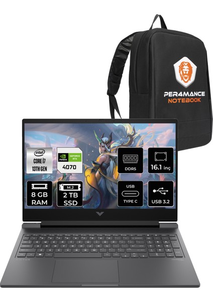Victus 16 Intel Core I7 13700H 8gb 2tb SSD RTX4070/8GB 144Hz 16.1" Fhd Fdos Taşınabilir Bilgisayar & Per4 Çanta 8V898EAPN304