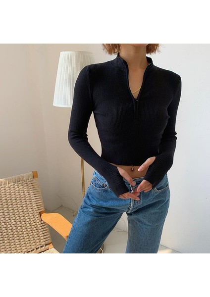 Siyah Darkalıp Slimfit Soft Touch Zip Finger Detail Kaşkorse Fermuarlı Parmak Detaylı Body
