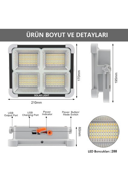 Portatif Solar LED Projektör Cata 200W Güneş Enerjili Seyyar LED Işık Taşınabilir Sokak Aydınlatması