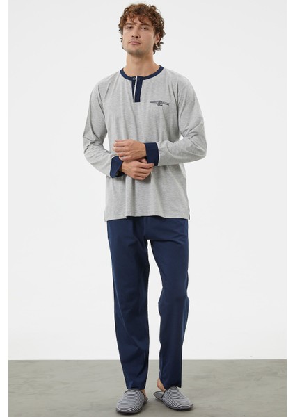 Patlı Çift Renk Düğmeli Pijama Takımı - Gri