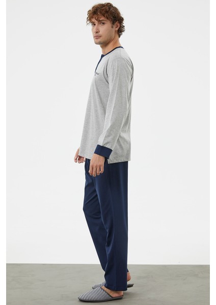 Patlı Çift Renk Düğmeli Pijama Takımı - Gri