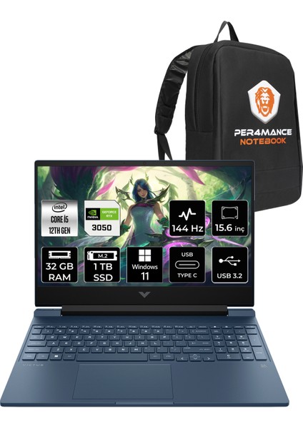 Victus 15 Intel Core I5 12450H 32GB 1tb SSD RTX3050/4GB 144Hz 15.6" Fhd W11P Taşınabilir Bilgisayar & Per4 Çanta 80D32EAPN428