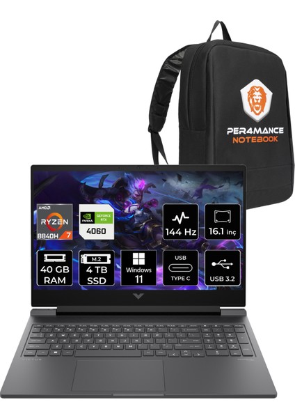 Victus 16 Amd Ryzen 7 8845HS 40GB 4tb SSD RTX4060/8GB 144Hz Fhd 16.1" Fhd W11P Taşınabilir Bilgisayar & Per4 Çanta 9Z790EAPN405